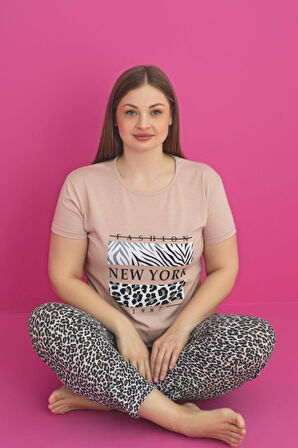 X-Dreamy Büyük Beden Pamuklu Leopar Desenli Kısa Kollu Pijama Takımı