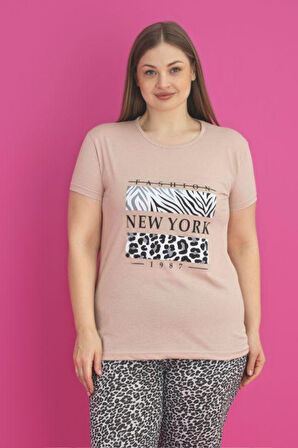 X-Dreamy Büyük Beden Pamuklu Leopar Desenli Kısa Kollu Pijama Takımı