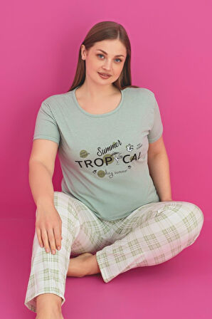 X-Dreamy Büyük Beden Pamuklu Ekose Kareli Kısa Kollu Pijama Takımı
