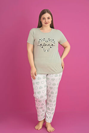 X-Dreamy Büyük Beden Pamuklu Kalp Desenli Kısa Kollu Pijama Takımı