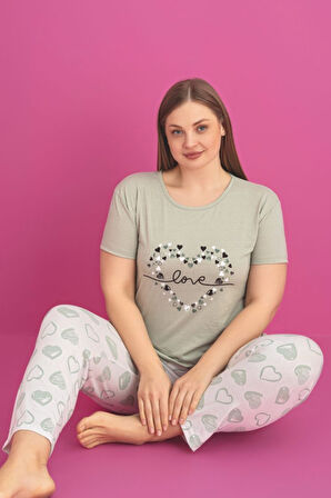 X-Dreamy Büyük Beden Pamuklu Kalp Desenli Kısa Kollu Pijama Takımı