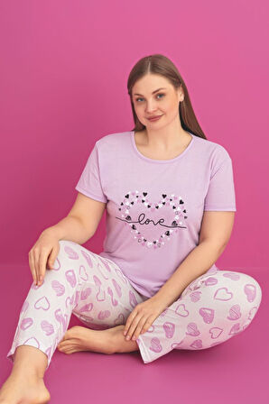 X-Dreamy Büyük Beden Pamuklu Kalp Desenli Kısa Kollu Pijama Takımı