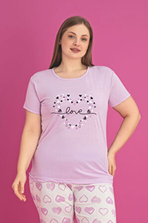 X-Dreamy Büyük Beden Pamuklu Kalp Desenli Kısa Kollu Pijama Takımı