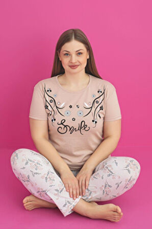X-Dreamy Büyük Beden Pamuklu Çiçekli Kısa Kollu Pijama Takımı