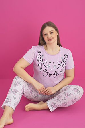 X-Dreamy Büyük Beden Pamuklu Çiçekli Kısa Kollu Pijama Takımı