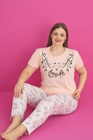 X-Dreamy Büyük Beden Pamuklu Çiçekli Kısa Kollu Pijama Takımı