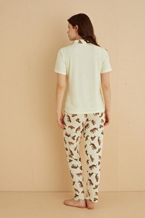 Dreamy İpeksi Kaşkorse Leopar Desenli Kısa Kollu Gömlek Pijama Takımı