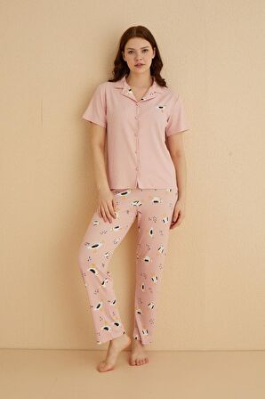Dreamy İpeksi Kaşkorse Martı Desenli Kısa Kollu Gömlek Pijama Takımı 