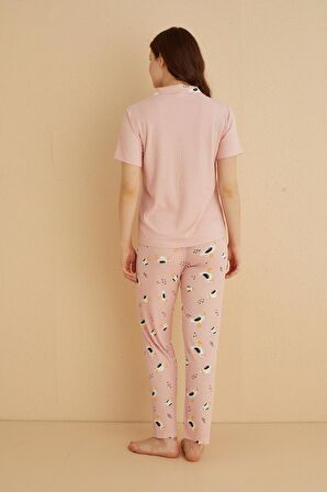 Dreamy İpeksi Kaşkorse Martı Desenli Kısa Kollu Gömlek Pijama Takımı 