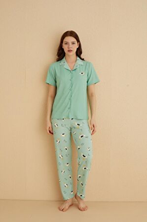 Dreamy İpeksi Kaşkorse Martı Desenli Kısa Kollu Gömlek Pijama Takımı 