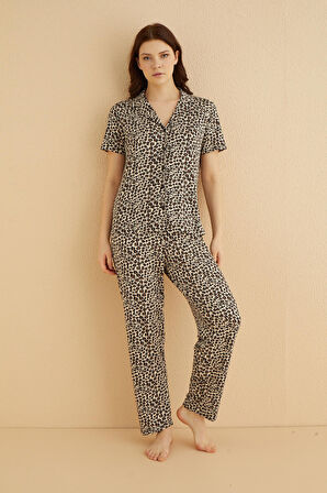 Dreamy Bambu Kumaş Leopar Desenli Kısa Kollu Gömlek Pijama Takımı