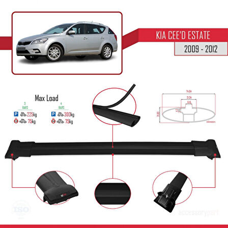Kia Ceed (ED) SW Post-Facelift 2009-2012 Arası ile Uyumlu FLY Model Ara Atkı Tavan Barı Siyah 3 Adet