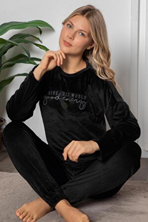 Luxury Velvet Fransız Kadife Yazı Detaylı Pijama Takımı