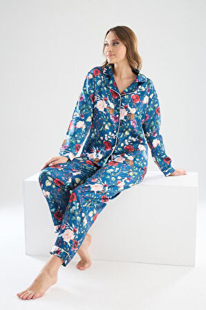 Faryanight İpek Saten Uzun Kollu Çiçek Desenli Biyeli Gömlek Pijama Takımı