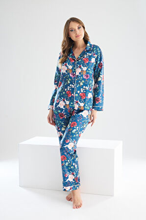 Faryanight İpek Saten Uzun Kollu Çiçek Desenli Biyeli Gömlek Pijama Takımı