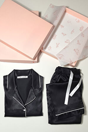 Faryanight İpek Saten Uzun Kollu Biyeli Düğmeli Gömlek Pijama Takımı