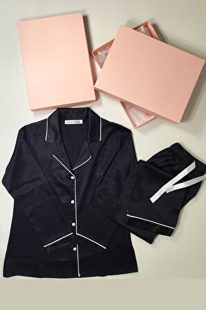 Faryanight İpek Saten Uzun Kollu Biyeli Düğmeli Gömlek Pijama Takımı