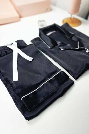 Faryanight İpek Saten Uzun Kollu Biyeli Düğmeli Gömlek Pijama Takımı