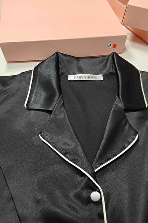 Faryanight İpek Saten Uzun Kollu Biyeli Düğmeli Gömlek Pijama Takımı