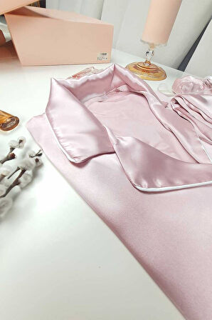 Faryanight İpek Saten Uzun Kollu Biyeli Düğmeli Gömlek Pijama Takımı