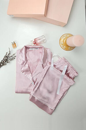 Faryanight İpek Saten Uzun Kollu Biyeli Düğmeli Gömlek Pijama Takımı