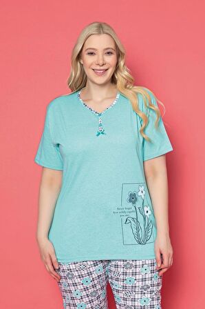 X-Dreamy Büyük Beden Pamuklu Desenli Düğmeli Yaka Kapri Pijama Takımı