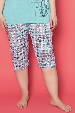 X-Dreamy Büyük Beden Pamuklu Desenli Düğmeli Yaka Kapri Pijama Takımı