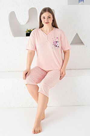 X-Dreamy Büyük Beden Pamuklu Desenli Düğmeli Yaka Kapri Pijama Takımı