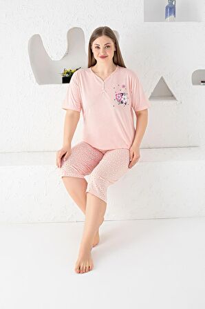 X-Dreamy Büyük Beden Pamuklu Desenli Düğmeli Yaka Kapri Pijama Takımı