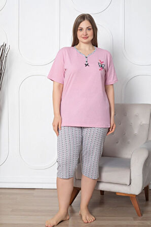 X-Dreamy Büyük Beden Pamuklu Desenli Düğmeli Yaka Pijama Takımı FHD8349ASL8350