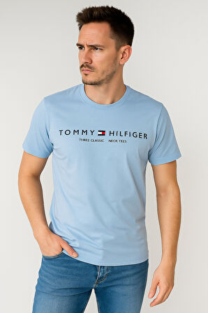 TOMMY HILFIGER EST BASKILI BİSİKLET YAKA PAMUK PENYE TSHİRT BEBE MAVİSİ