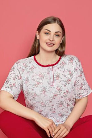 X-Dreamy Büyük Beden Pamuklu Desenli Düğmeli Yaka Pijama Takımı FHD8724ASL0107