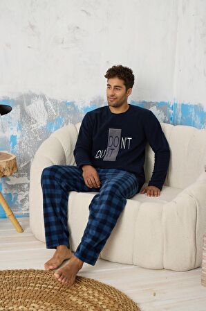 Luxury Soft Polar Ekose Kareli Nakışlı Desenli Erkek Pijama Takımı