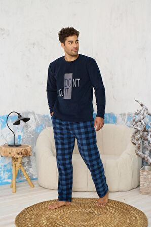 Luxury Soft Polar Ekose Kareli Nakışlı Desenli Erkek Pijama Takımı