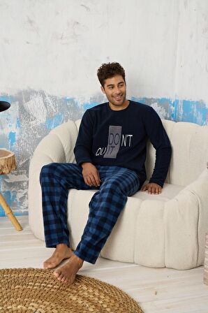 Luxury Soft Polar Ekose Kareli Nakışlı Desenli Erkek Pijama Takımı