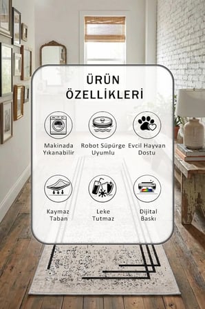 Ayten Dijital Baskılı Kaymaz Yıkanabilir Yolluk - Leke Tutmaz Açık Gri