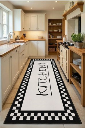 Damahome Krem Kitchen Siyah Modern Mutfak Halısı Yıkanabilir Kaymaz Su İtici