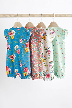 Next Baby % 100 Pamuklu Mavi Yeşil Çiçek Desenli 4’lü Romper Set