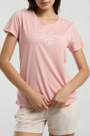 Kadın Bisiklet Yaka Kısa Kol T-shirt Şortlu Pijama Takımı Q4.A3.K3.R1K