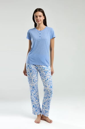 Kadın Yarım Patlı Kısa Kol T-shirt Bürümcük Kumaş Alt Pijama Takımı Q4.A3.K5.R5K