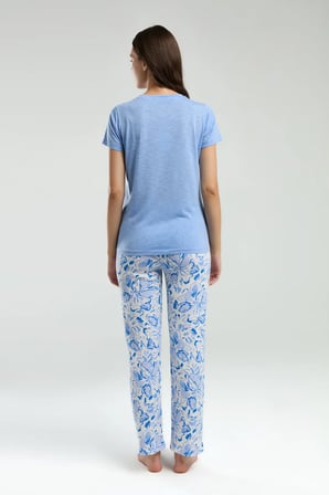 Kadın Yarım Patlı Kısa Kol T-shirt Bürümcük Kumaş Alt Pijama Takımı Q4.A3.K5.R5K