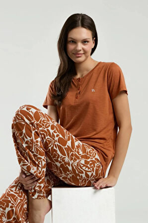 Kadın Viskon Yarım Patlı Kısa Kol Pijama Takım Q3K2K29