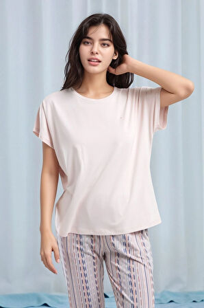 Kadın Pudra Kısa Kol Desenli Pamuklu Modal Pijama Takımı Q9P0K5C6K