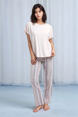 Kadın Pudra Kısa Kol Desenli Pamuklu Modal Pijama Takımı Q9P0K5C6K