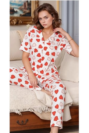 Kadın Ekru & Kırmızı Pamuklu Kalp Desenli Patlı Pijama Takımı