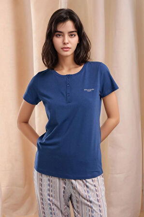 Kadın İndigo Kısa Kol Desenli Pamuklu Modal Pijama Takımı Q9P0K5C7K