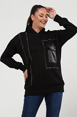 Kadın Büyük Beden Deri Cep Detaylı Taş İşlemeli Siyah Sweatshirt