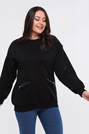 Kadın Büyük Beden Fermuarlı Cep Detaylı Basic Siyah Sweatshirt