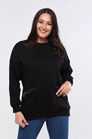 Kadın Büyük Beden Fermuarlı Cep Detaylı Basic Siyah Sweatshirt