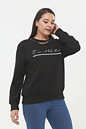 Kadın Büyük Beden Yaka Zincir Detaylı Yazılı Siyah Sweatshirt